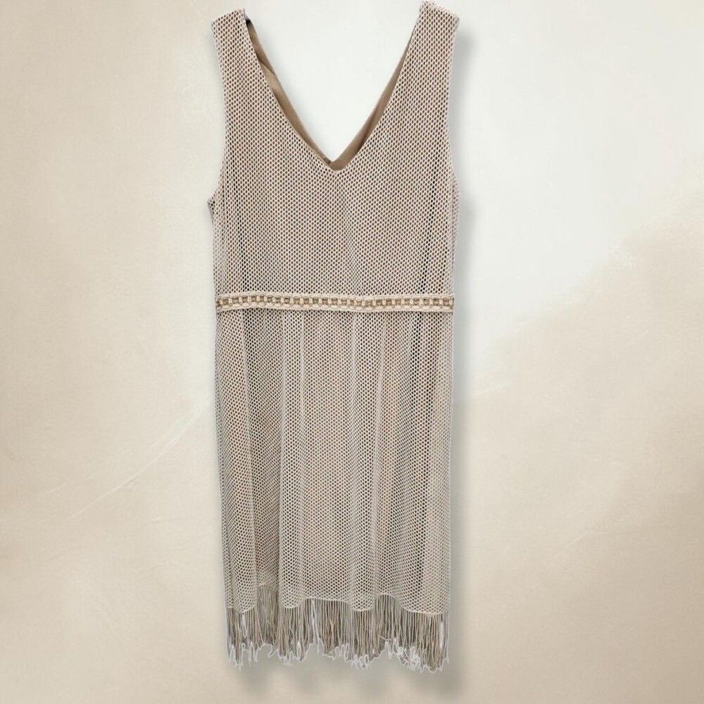 Emma and Michele V-Neck Dress Womens XL Cream Crotched Lined Fringe Boho-Chic